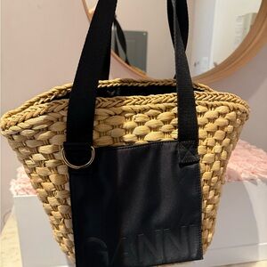 Ganni Tan and Black Woven Tote Raffia - NEW with Tags